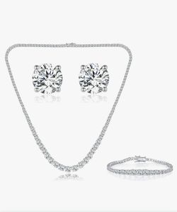Gemsme 18K White Gold Plated Tennis Necklace/Bracelet/Earrings/Band Ring Sets Hypoallergenic Jewelry Pack of 4