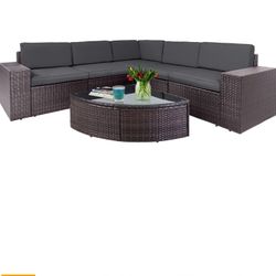 Outdoor Patio Furniture Set 6-Piece Brown Wicker Conversation Sets Modular Sectional Sofa Set with Glass Coffee Table