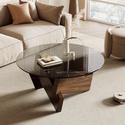 NEW! Round Glass Coffee Table Modern Living Room Accent Center Table with Solid Wood Abstract Base Small Space (Grey Glass Top Walnut Wood Base, 31.5"