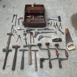 Lot Of Vintage Tools With Handmade Wooden Box
