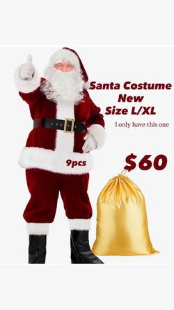 Santa Claus Costume for Men, 9Pcs Deluxe Velvet Santa Suit Adult Outfit Soft Plush Fabric & Warm Faux Fur, Elastic Waist, Sturdy Reusable Santa Costum