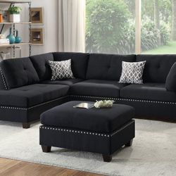 BLACK SECTIONAL SOFA WITH OTTOMAN AND ACCENT PILLOWS