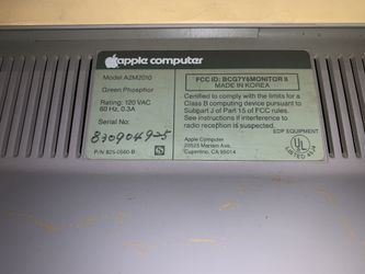 APPLE A2M2010 GREEN PHOSPHER 12” MONITOR