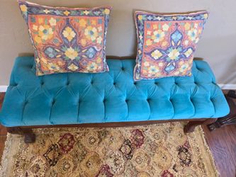 Tufted Velvet Bench with Carved Wood Frame