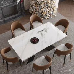 9 PCs 78.74'' to 110.23” Extendable Rectangular Sintered Stone Dining Table
