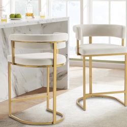 of 2 Beige Modern Velvet Bar Stools with Barrel Backrest, Upholstered Seat, and Gold Metal Footrest – 25.6-Inch Seat Height, Ideal for Counters, Home 