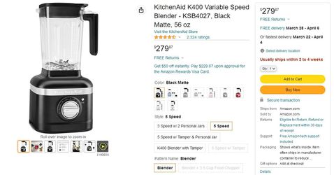 KitchenAid K400 Variable Speed Blender with Tamper - Black