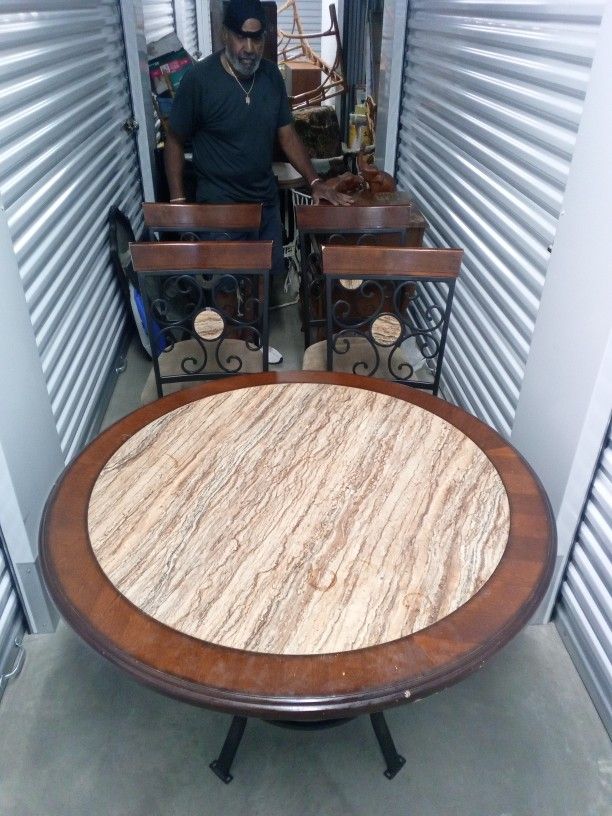 Beautiful Marble Center Surrounded By Cured Burgundy Oak Table With 4 Chairs