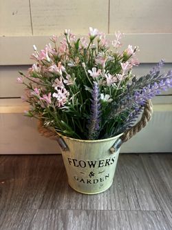 Flowers & Garden Metal Bucket with Faux Flowers