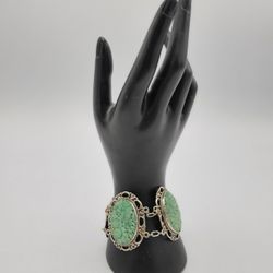 Beautiful Sterling Silver and Carved Jade Bracelet