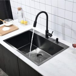 33″x22″x9″ Drop In Kitchen Sink Black Top Mount (D013B-1)