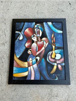 Modern Cubist Style Abstract Framed Embracing Couple Painting by M. Santos