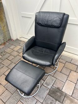 Vintage IKEA Black Vinyl Swivel Lounge Chair w/Ottoman