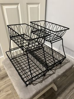 Two Piece, Two Tier Black Metal Fruit and Vegetable Stand Set