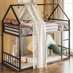Bunk Bed Twin Over Twin, House Bunk Bed Frame with Ladder and Guardrail, House Shaped with Metal Slats for Dormitory and Bedroom, Space Saving, No Box
