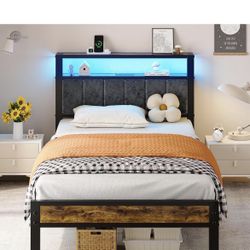 Twin Size Platform Bed Frame, Grey Upholstered Headboard with LED Lights, with 2-Tier Storage Shelve
