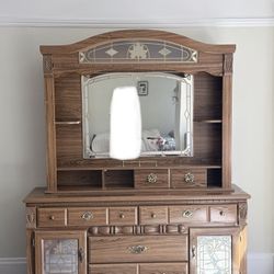 Wood Finish Dresser with Mirrored Vanity & Shelving 