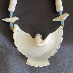 12” Hand Carved Dove Shell Necklace Iridescent Pearl White Pendant & Puka Beads 