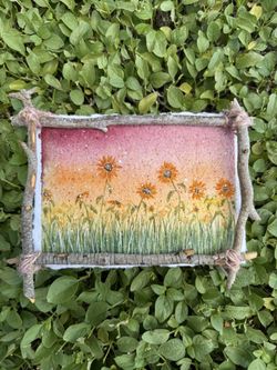 Sunflower Sunset Watercolor in Rustic Twig Frame – $30