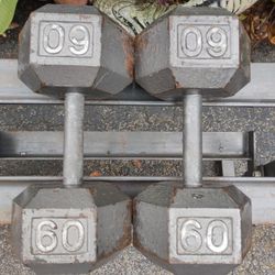 PAIR  OF  60 LB.   STEEL  HEX  DUMBBELLS 