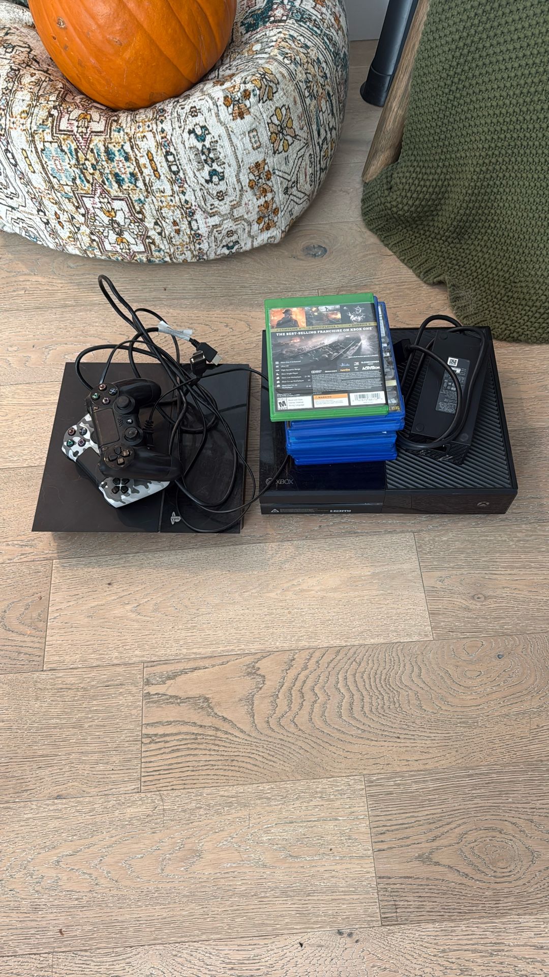 Xbox1 and PS4 plus HDMI, 2 PS4 controllers, power cords, 9 PS4 games, 1 Xbox game