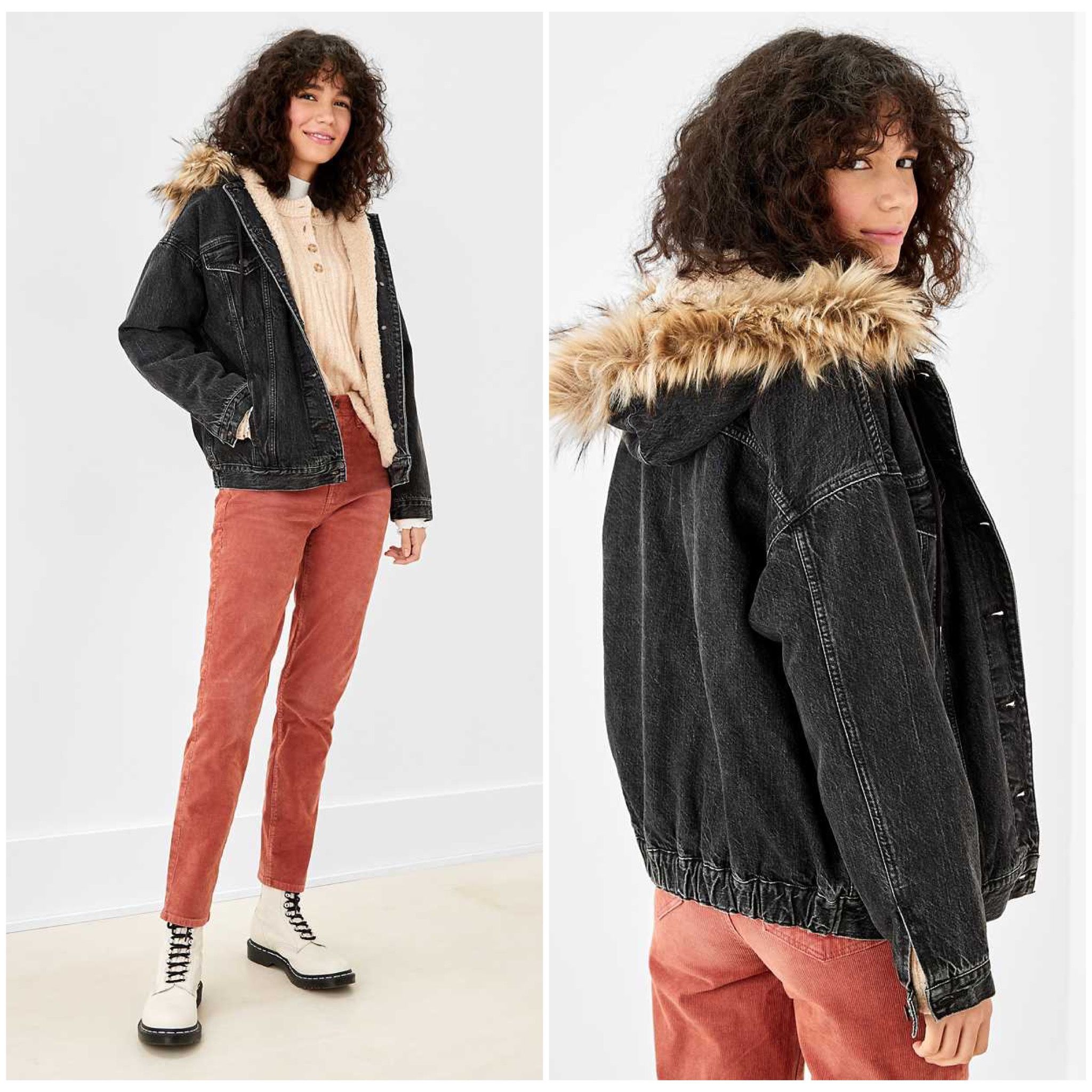 AE Faux-Fur-Trim Hooded Denim Jacket