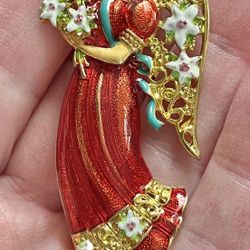 vintage Christopher Radko gold-tone enameled Christmas angel pin brooch. 