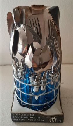 New 20-Pc Stainless Steel Flatware Set with Caddy – Service for 4 (Blue)