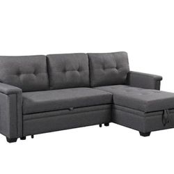84 in. W Reversible Sleeper Sectional Linen Sofa with Storage Chaise and Pocket in Dark Gray