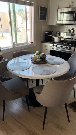 Round Marble Dining Table with 4 Upholstered Chairs – Moving Sale
