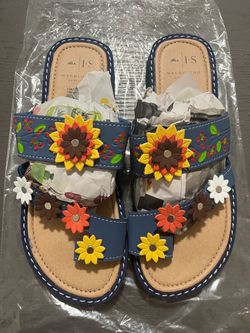 Macolocho Women’s Blue Multicolor Floral Leather Slide Slip-On Sandals US 8