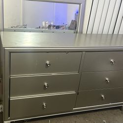 Queen Bed Frame W/ Dresser And Attached Mirror