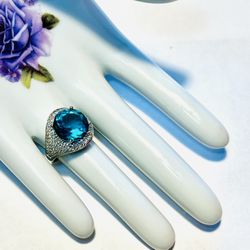 STERLING SILVER.925 STAMPED AQUAMARINE AND CZ RING 