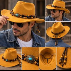 Mustard Yellow Western Cowboy Hat with Beaded Band
