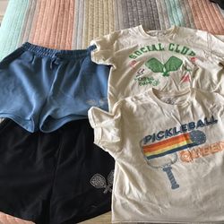 Pickleball Clothing~two cut off  t-shirts~two pairs sweat shorts with rhinestone paddle designs~Medium~used in good condition  Pick up at Four Mile Co
