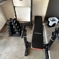 Gym Equipment - Home Gym Set – Bench, Dumbbell Rack, Dumbbells, Barbell + Weight Plates