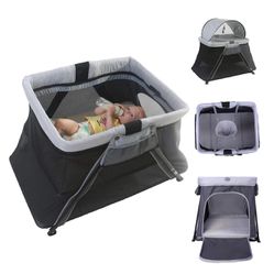  4 in 1 Foldable Baby Toddlers Crib Bassinet Playpen Playard with 2-Stage Mattress & Carry Bag