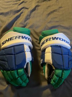 Used 13” Sherwood Rekker Element One Hockey Gloves Blue Green White (Hurricanes throwback)