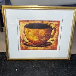 Coffee Cup Artwork Painting Gold Frame 