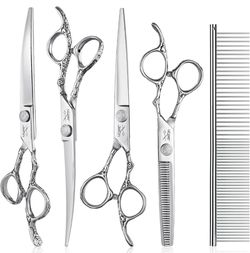 Dog grooming scissors kit, professional 6-in-1 dog scissors game, 6.5-inch thinning, 7-inch straight, 7-inch curved upwards, 7-inch downward curved sc