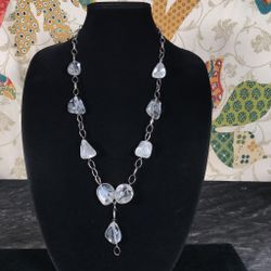 Polished Quartz Crystal Nuggets Chunky Beads Necklace Handmade Silver Tone Metal