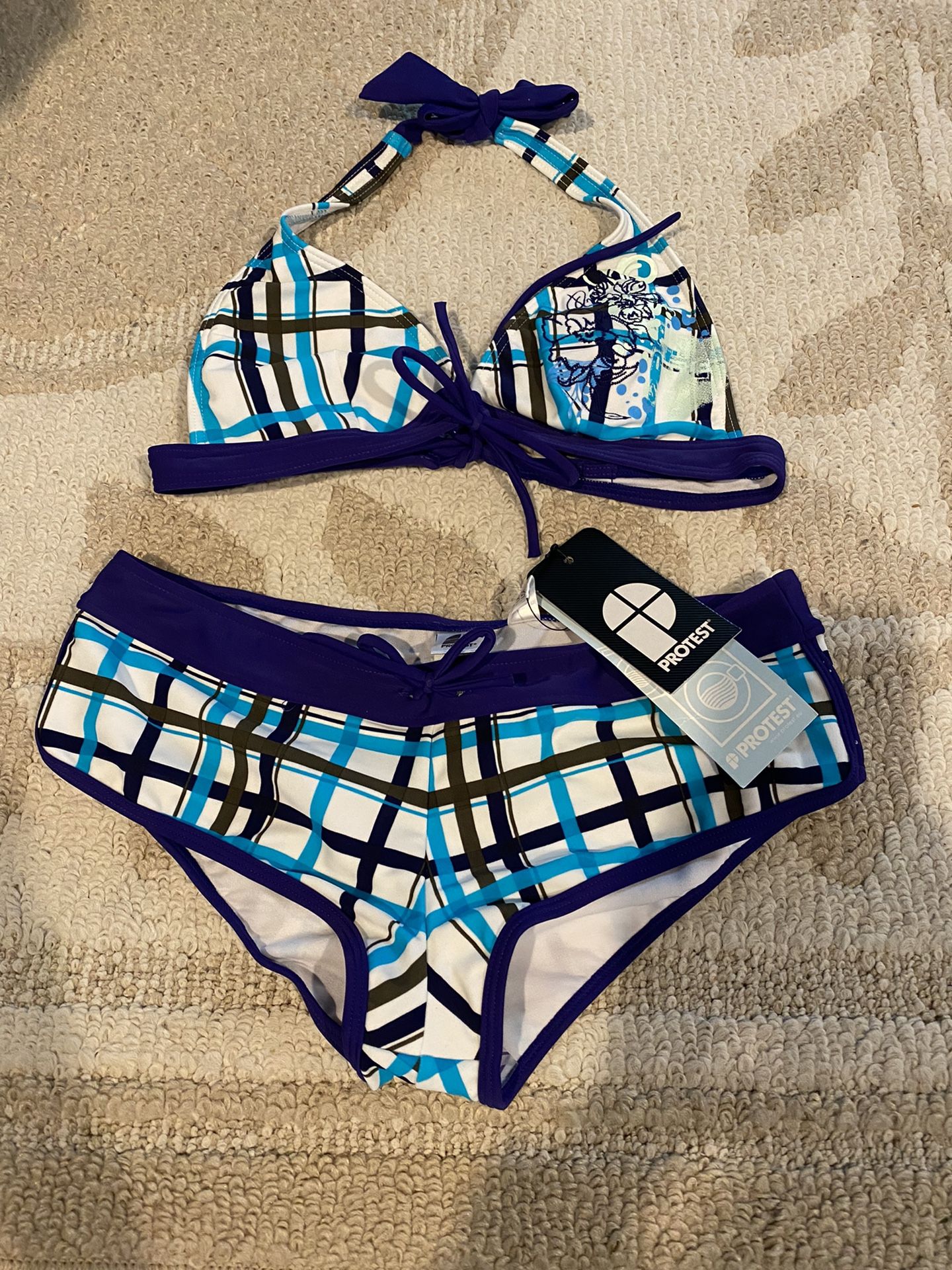Protest Blue Plaid Bikini Set Swimwear Size M