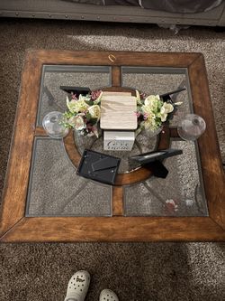 SOLID OAK GLASS METAL TABLE