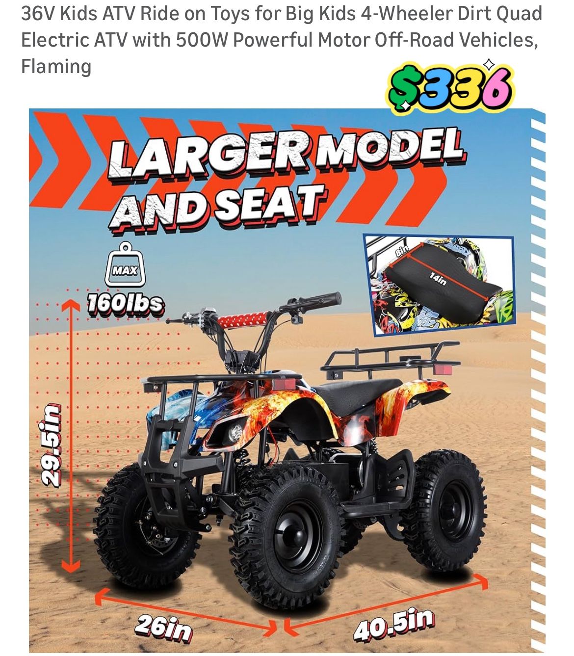 36V Kids ATV Ride on Toys for Big Kids 4-Wheeler Dirt Quad Electric ATV with 500W Powerful Motor Off-Road Vehicles, Flaming