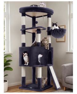 Cat Tree, 61 Inch Tall Cat Tower, Diamond-Shaped Cat Cave VCT001G Cat Condo with Wide Top Perch & Basket, Sturdy Scratching Post, Interactive Toy for 