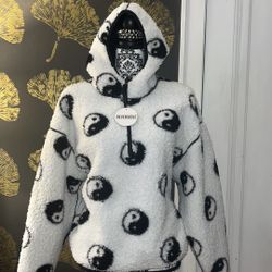Black Reversible Yin Yang Love Fleece 1/4 Zip Pullover Hoodie 