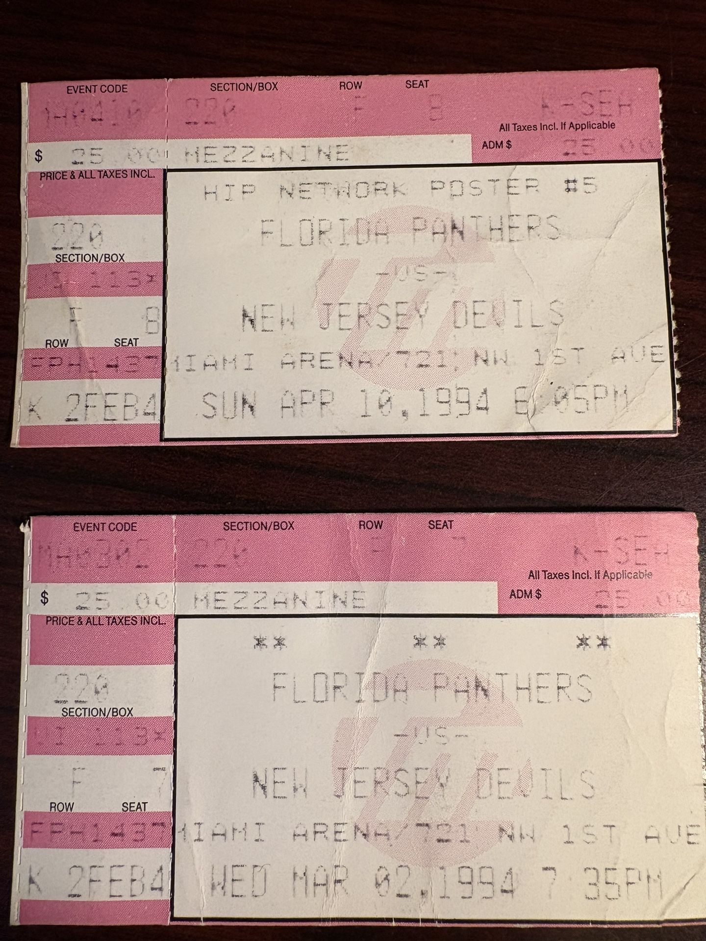 Two Florida Panthers vs New Jersey Devils Ticket Stubs From March 1994