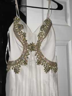 White Flowy Gown With Gold Beaded Accent