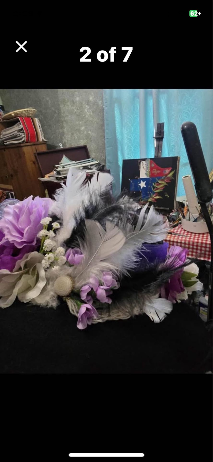 Ladies, black fascinator felt hat with purple shades if flowers feathers and ribbon