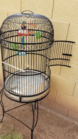 Wrought iron bird cage with supplies